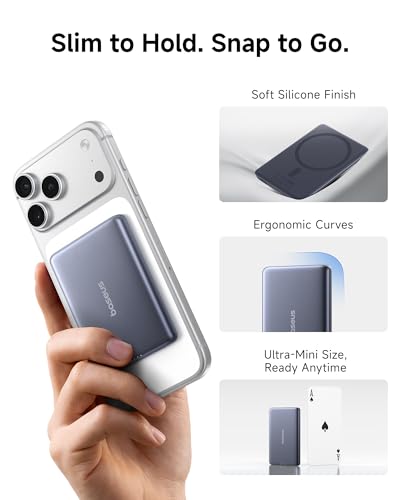 Baseus Picogo Power Bank, Smallest 5,000mAh Magnetic Wireless Charger with USB-C Braided Cable, Fast Charging Portable Battery Pack, NTC Safety Alloy Travel Essential for iPhone 17 Pro Max/17 Air/17e - color: Space Grey