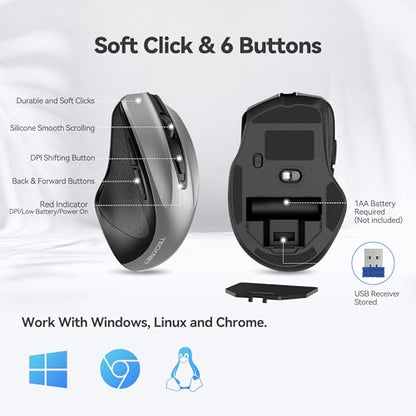 TECKNET Wireless Mouse, 2.4G Ergonomic Computer Mouse, 2600 DPI, Silver | Ergonomic Design with Side Grips, Adjustable DPI, 2-Year Battery, Compact Size, USB-A Plug & Play, Wide OS Compatibility - color: Silver