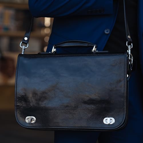 Time Resistance Leather Briefcase for Men - Italian Full Grain Leather Laptop Bag - Messenger Bag - Gift Box Included - color: Black