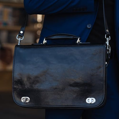 Time Resistance Leather Briefcase for Men - Italian Full Grain Leather Laptop Bag - Messenger Bag - Gift Box Included - color: Black