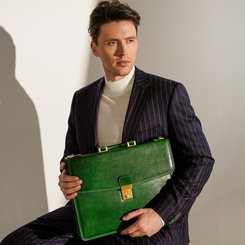 Time Resistance Leather Briefcase - Italian Handmade Leather Laptop Bag - Handbag for Men - Professional Computer Case - color: Green
