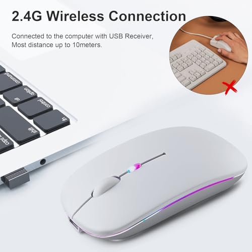 Rechargeable Wireless Mouse, LED Bluetooth Wireless Mouse for iPad, Slim Portable Computer Mice with USB Receiver, BT5.4 and 2.4G Dual Connection, Quiet Silent for Laptop/Notebook/pc/iPad/Chromebook