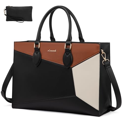 LOVEVOOK Laptop Bag for Women,15.6 lnch Waterproof Lightweight Leather Tote Bag,Professional Business Office Work Bags with Clutch Purse, Large Capacity Computer Shoulder Handbag,Black-White-Brown - color: Black - White - Brown(leather), size: 15.6 Inch