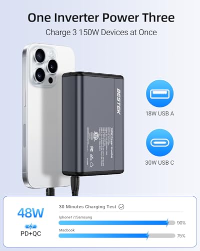BESTEK 150W Power Inverter 11-17V, 30W USB-C, 18W USB-A Car Charger Adapter | 12V DC to 110V AC Converter, Vehicle Cigarette Lighter Plug Outlet, 10 Layer Protection, ETL Certified, Aluminum Housing-Gray - color: Gray