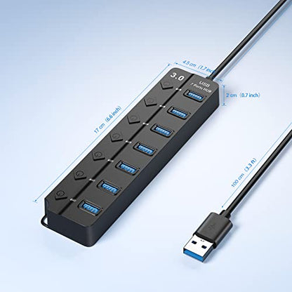 USB Hub 7 Port, USB Splitter with Individual On/Off Switches and Lights. | USB 3.0 Hub with 3.3ft Cable, Extender for A Port Laptop, PC, Desktop - color: Black
