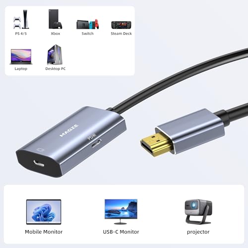 HDMI 2.1 to USB-C Adapter 8K@30Hz,PD 65W,0.5m,for PS5,Xbox,AR Glasses | 8K@30Hz 4K@144Hz, Aluminum Shell, for Xreal, Air Pro, RayNeo, Rokid, Switch, Xbox, PS4/5, Portable Monitors
