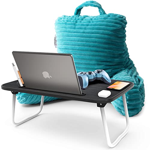 Nestl Teal Reading Pillow with Bed Desk for Laptop and Writing, Luxe Cut Plush Back Pillow for Sitting Up, Back and Arms Adjustable Support for Kids and Teens, Foldable Lap Desk for Bed 19x11” - color: 04- Teal, size: Small 14"