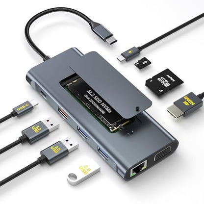 USB C Dock with M.2 NVMe SSD Enclosure, 10Gbps M.2 NVMe SSD Docking Station, USB C Hub with SSD Slot, Laptop Docking Station with 4K HDMI/PD100W/USB 3.2 Gen2/VGA/Gigabit LAN/SD/TF Card Reader