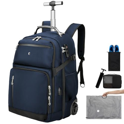 Backpack with wheels,rolling backpack with 2 Packing Cubes,compression bags for travel,Water-Resistant Carry-On Luggage,Business and Commuting (Blue) - color: Blue