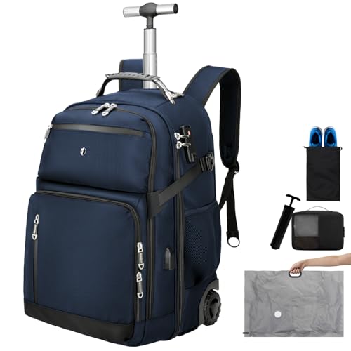 Backpack with wheels,rolling backpack with 2 Packing Cubes,compression bags for travel,Water-Resistant Carry-On Luggage,Business and Commuting (Blue) - color: Blue