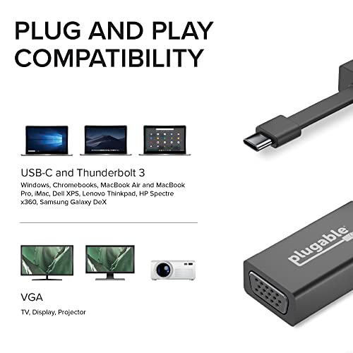Plugable USB C to VGA Adapter, Thunderbolt 3 to VGA Adapter Compatible with MacBook Pro, Windows, Chromebooks, 2018 iPad Pro, Dell XPS, and More (Driverless, Supports up to 1920x1200 @ 60Hz)