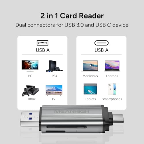 SD Card Reader, USB-C and USB 3.0 Micro SD Card Adapter, Dual Connector Memory Card Reader for SDXC, SDHC, SD, MMC, RS-MMC, Micro SDXC, Micro SD, Micro SDHC Card