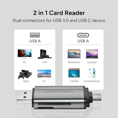 SD Card Reader, USB-C and USB 3.0 Micro SD Card Adapter, Dual Connector Memory Card Reader for SDXC, SDHC, SD, MMC, RS-MMC, Micro SDXC, Micro SD, Micro SDHC Card