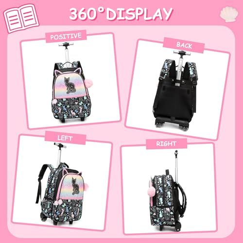 Rolling Backpack with Wheels for Girls Kids,Lightweight Wheeled School Backpack with Pencil Case,Cute Bookbag for Students - color: Black Star Cat