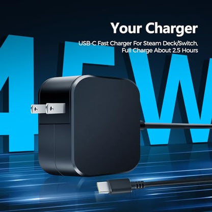 45W USB-C Fast Charger for Steam Deck/OLED & Nintendo Switch 2 | PD 3.0 AC Adapter with 6.6FT Cable,Compatible with Steam Deck Dock, ASUS ROG Ally,Mac Book Pro,Support TV Dock PS Console