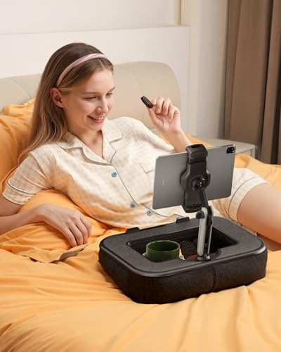 SupeDesk Laptop Lap Desk, Adjustable iPad Holder for Bed, 360° Swivel Tablet Arm, Laptop Desk with Mouse Pad, Snack Bowl & Cup Holder, Fits 4.7–13” Tablets & 15” Laptop (Black) - color: Black