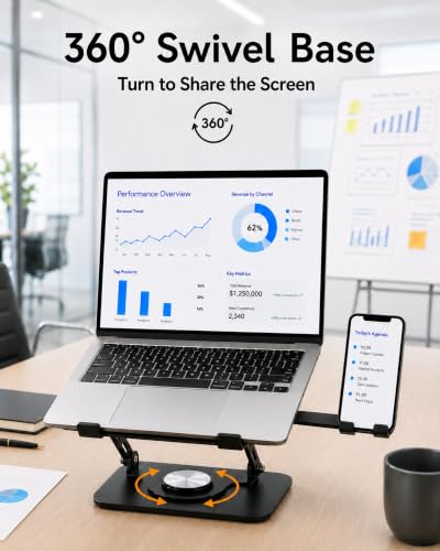 2-in-1 Laptop Stand with Phone Holder, 360° Swivel Laptop Riser for Desk | Fits 10-16 Inch Laptops, Height and Angle Adjustment, Carbon Steel Frame, Silicone Contact Pads, Fold-Flat Storage, 1 Pack