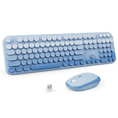 Wireless Keyboard and Mouse Combo, 2.4GHZ Typewriter Retro Full Size Keyboards, Cute Colorful Computer Keyboard and Wireless Mouse for Laptop/Desktop/Windows/PC (Blue Gradient) - color: Blue Gradient