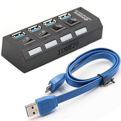 4-Port USB 3.0 Hub, Data USB Hub, 22 inch Extended Cable for MacBook, Mac Pro, Mac mini, iMac, Surface Pro, XPS, PC, Flash Drive, Mobile HDD with Individual LED Power Switches Black