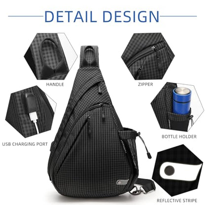 TurnWay Water-Proof Sling bag/Crossbody Backpack/Shoulder Bag with USB Charging Port for Travel, Hiking, Cycling, Camping - color: Black Grid