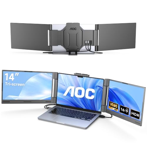 AOC 14" Laptop Screen Extender, Triple Portable Monitor for 13”-17.3" Laptops, 1080P FHD IPS Display, HDMI/USB-C Cable Plug-Play, Laptop Monitor Extender for Mac/Windows (Gray) - color: Gray