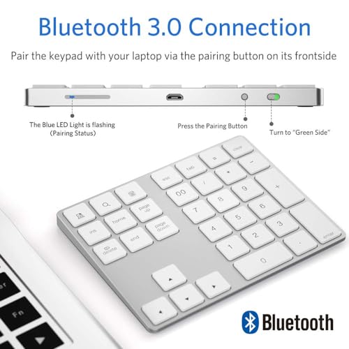 JOYEKY Bluetooth Number Pad, Wireless Numeric Keypad, USB-C Rechargeable External 34-Keys Numpad, Financial Data Entry Keyboard for iMac, MacBook Air/Pro, PC Desktop, Laptop Notebook(Silver) - color: A-White