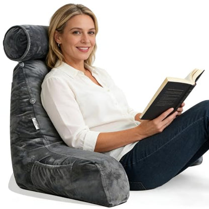 Reading Pillow for Adults Sitting‑Up in Bed, Backrest with Arms | Detachable Neck‑Cushion; Shredded Memory‑Foam; Side Pockets; Washable Velvet Cover; Gaming & TV, Sofa Use - color: Grey