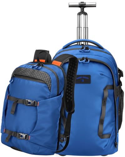 2-in-1 Detachable Rolling Backpack & Daypack, 56L Large Backpacks with Wheels Fits 17 Inch Laptop, Water Resistant, Carry On Luggage for College, Travel, Camping, Hiking Blue - color: Blue, style: Rolling Backpack