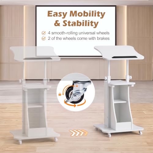 Tangkula Mobile Lectern Podium Set of 2, Height Adjustable Podium Stand, Standing Sit-to-Stand Desk, Rolling Cart Laptop Desk with Swivel Top Movable Wheels & Storage - color: White, size: 20" x 16" x 44"
