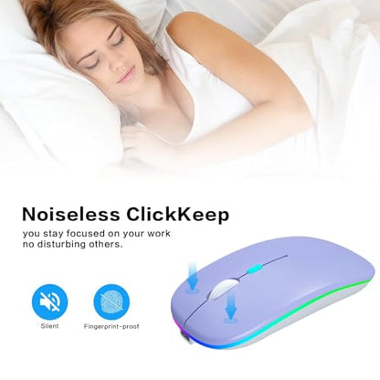 AIKOKOK Wireless Bluetooth Mouse, Rechargeable, Dual Mode Bluetooth 5.2 & 2.4G USB, LED Lights, Slim, Silent, Portable Computer Mouse for Laptop, PC, MacBook, iPad, Tablet (Purple) - color: Purple