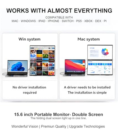 LB D16 Portable Dual Monitor 15.6 Inch 1080P FHD IPS Stacked Double Screen USB-C Mini HDMI Dual Display with Gravity Sensor HDR for Coding Stock Trading Office - size: D16 (Dual 15.6")