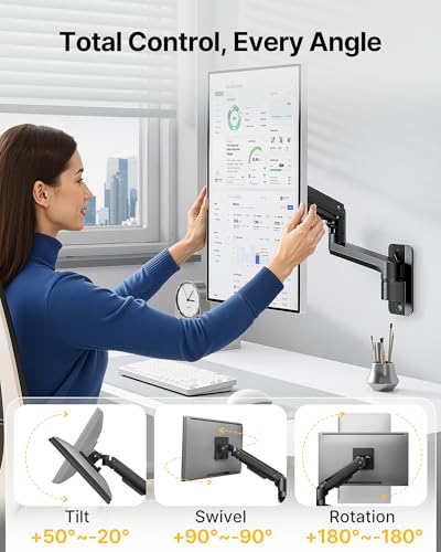 monTEK Ultra Wide Wall Mount Monitor Arm for 17-49 Inch Screens, Heavy Duty Single Monitor Mount up to 44 lbs, Fully Adjustable Gas Spring Wall Mount, 75x75/100x100 VESA Mount, Black - color: Black