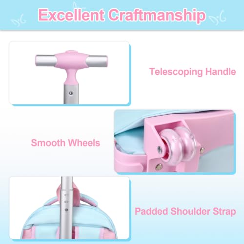 DIGOBAY Rolling Backpack for Girls, Roller Bag with Lunch Box Pencil case | Kawaii Girls Roller Backpack With Wheels School Bookbag With Cute Pins for Elementary Middle School, Aquamarine Pink - color: Aquamarine-pink