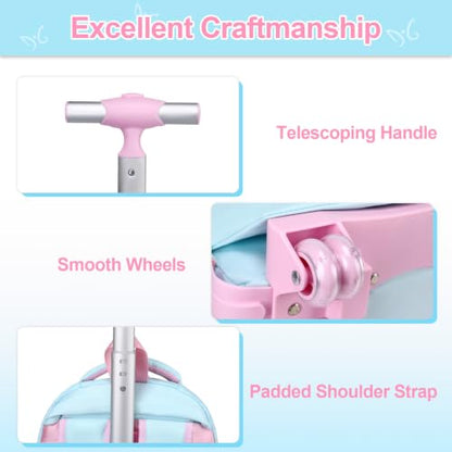 DIGOBAY Rolling Backpack for Girls, Roller Bag with Lunch Box Pencil case | Kawaii Girls Roller Backpack With Wheels School Bookbag With Cute Pins for Elementary Middle School, Aquamarine Pink - color: Aquamarine-pink