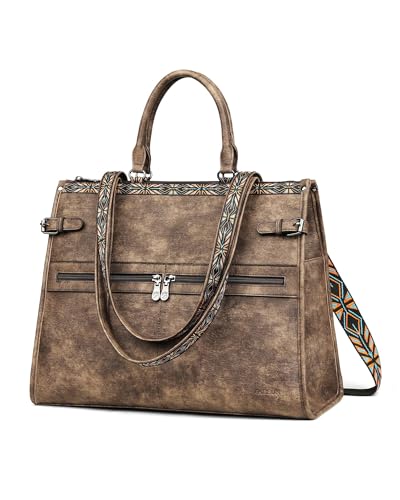 FADEON Laptop Bag for Women Designer PU Leather Large Tote Bags Backpack Purses with 15.6 Laptop Compartment Shoulder Handbag - color: Coffee Brown