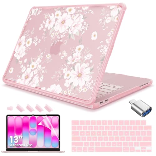 Teryeefi Anti-Crack Case Cover for MacBook Neo 13 inch 2026 Release A3404 | flexible TPU/shockproof/ ultra thin /lightweight/ anti fingerprint / with keyboard cover screen protector/ blush cute flower - color: Cute Flowers