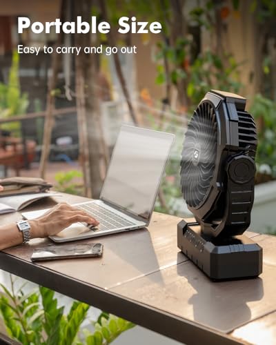 36000mAh Camping Fan, Detachable Rechargeable Portable Battery Fan | 98Hours, 4 Speeds, Timer Function, Light & Hook, Battery Operated Fan for Outdoor, Tent, Fishing, Travel, Hurricane, Jobsite - color: Black