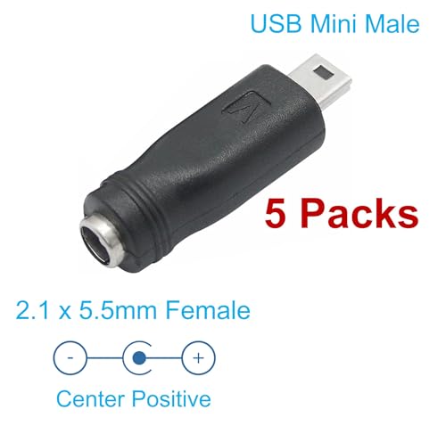 DC Barrel Jack to Mini USB Adapter (5-Pack), 2.1 x 5.5mm Female to Mini USB Male Power Converter for Supplying Mini-USB Devices from DC Source - style: DC to USB Mini