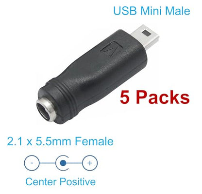 DC Barrel Jack to Mini USB Adapter (5-Pack), 2.1 x 5.5mm Female to Mini USB Male Power Converter for Supplying Mini-USB Devices from DC Source - style: DC to USB Mini
