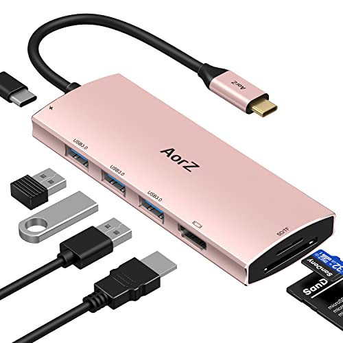 USB C Hub, USB Hub to HDMI Multiport AorZ USB C Dongle Adapter 7 in 1 with HDMI Output,3 USB 3.0 Ports,SD/Micro SD Port,PD Charging Port USB C HUB (Pink) - color: Pink