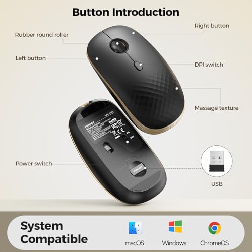 TECKNET Rechargeable Slim Portable Silent Computer 2.4 GHz Wireless Mouse | Lightweight Ambidextrous with Nano Receiver, 4000 DPI Optical Tracking 90-Day Battery Life, Compatible with PC, Mac, Laptop - color: Black gold