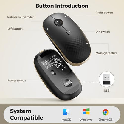 TECKNET Rechargeable Slim Portable Silent Computer 2.4 GHz Wireless Mouse | Lightweight Ambidextrous with Nano Receiver, 4000 DPI Optical Tracking 90-Day Battery Life, Compatible with PC, Mac, Laptop - color: Black gold