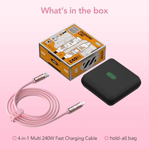MFish 240W 4-in-1 Charging Cable with Carrying Case, 6.6FT Fast Charger USB-A & USB-C to USB-C/Lightning, for iPhone 17/16/15/14, MacBook, iPad, Samsung S25/S24 (Pink, 6.6Ft) - color: Pink, size: 6.6Ft