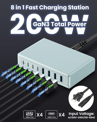 USB C Charger 200W USB C Charger Block,Upgraded GaN III 8-Port Fast Charging Station Hub,PD 65W Laptop Charging Adapter Compatible with MacBook Pro/Air,DELL,Steam Deck,iPhone 16/15/14,Galaxy S23/22 - color: Light Blue, size: 200W