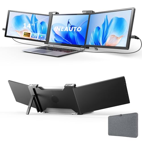 14'' Triple Laptop Screen Extender, 1080P FHD Portable Monitor for 14"-17" Laptop with USB-C/HDMI Port, Plug-Play Monitor Extender for Triple Display for Mac/Windows Remote Work & Multitasking - color: Black, size: 14''