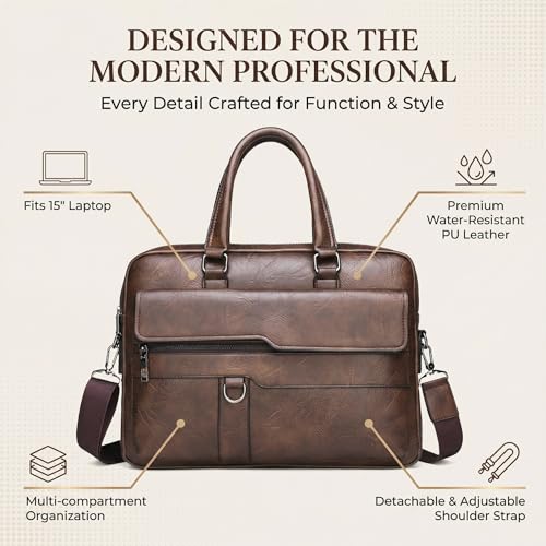 Men's Leather Laptop Bag 15 IN, Water-Resistant Briefcase Messenger Bag for Work, Business, Shoulder Crossbody Office Satchel - color: Deep Brown