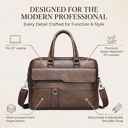 Men's Leather Laptop Bag 15 IN, Water-Resistant Briefcase Messenger Bag for Work, Business, Shoulder Crossbody Office Satchel - color: Deep Brown