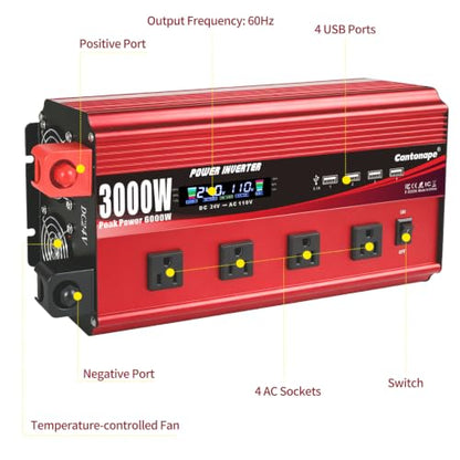 Cantonape 3000W Power Inverter 24V to 110V/120V DC to AC with LCD Display, Remote Controller 4 x AC Outlets and 4 x 3.1A USB Car Adapter for Car Truck Boat RV Solar System - size: 3000W-24V