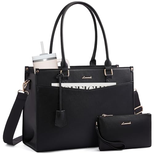 LOVEVOOK Laptop Bag for Women, 2-in-1 Tote Purse with Clutch & Cup Holder, Waterproof Briefcase for Work Travel - color: Black, size: 15.6 inch