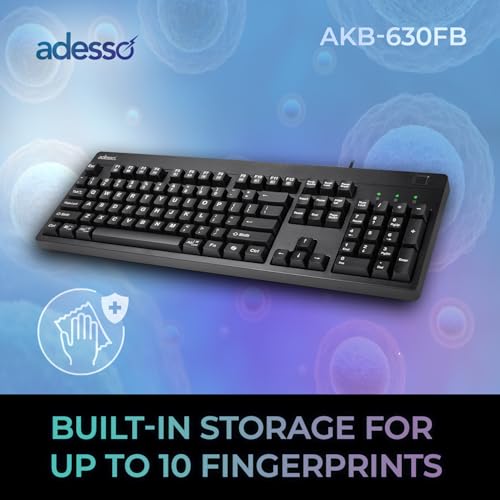 Adesso Fingerprint Keyboard, Full Size, AKB-630FB-TAA | TAA Compliant, AES 256 Encryption, USB Wired, 104 Key Layout, Windows Hello Compatible, Made in Taiwan, Government, Business